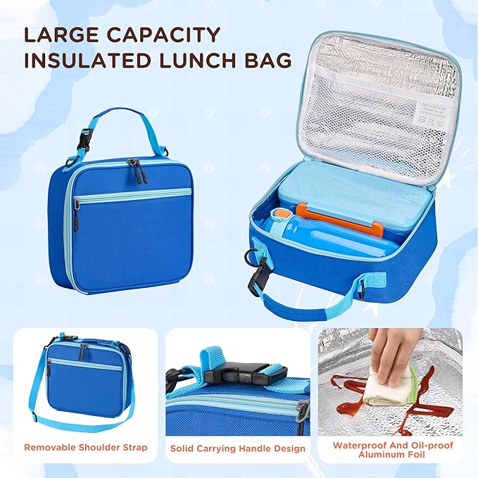 JXXM Bento Lunch Box for Kids With 8oz Thermo, Leakproof Bento Box with with 2 Compartments, Insulated Bottle, Lunch Bag, BPA Free Dishwasher Safe for School Girls Boys (Blue)