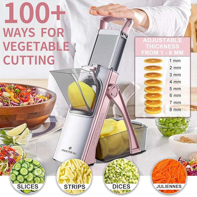 ONCE FOR ALL Safe Mandoline Slicer Plus, Bigger Size, Kitchen Slicer, Pink