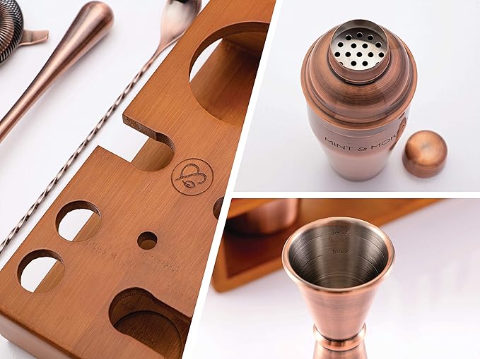 Mint & Mortar Cocktail Shaker Set – 7-Piece Stainless Steel Bartender Kit with Premium Bamboo Stand for Home Bartending - All-in-One Mixology Set for Beginners & Pros (Brushed Copper)