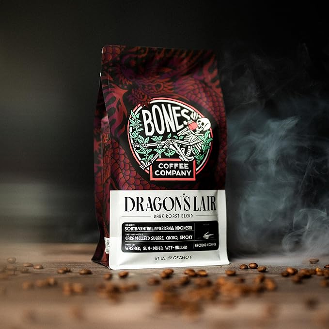 Bones Coffee Company Dragon's Lair - Dark Roast Coffee - Whole Bean - Low-Acid Arabica Coffee Beans - South/Central America and Indonesia Grown - Unflavored - 12 Oz