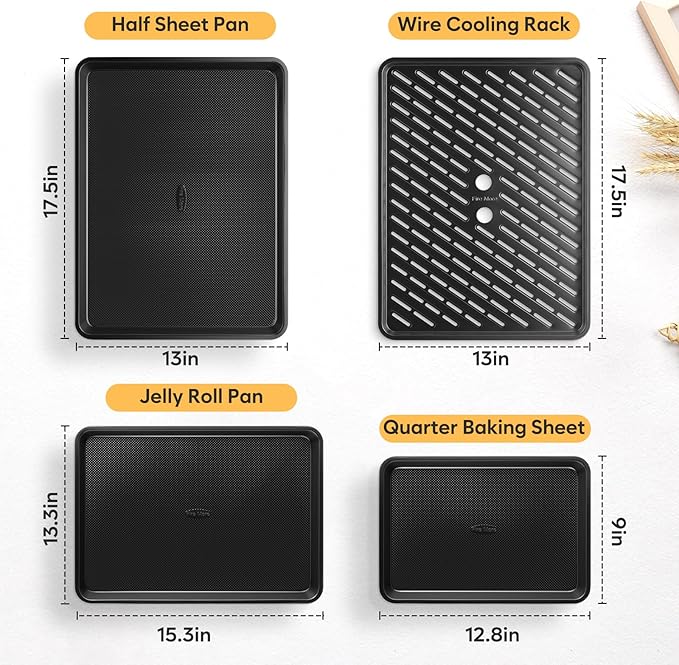 Nonstick Baking Sheet Set with Cooling Rack, 4-Piece Cookie Sheets for Baking, 0.8mm Heavy Duty Carbon Steel Oven Pans, Ceramic Coated Half Sheet, Jelly Roll Pan & Quarter Sheet, PFOA/PTFE Free