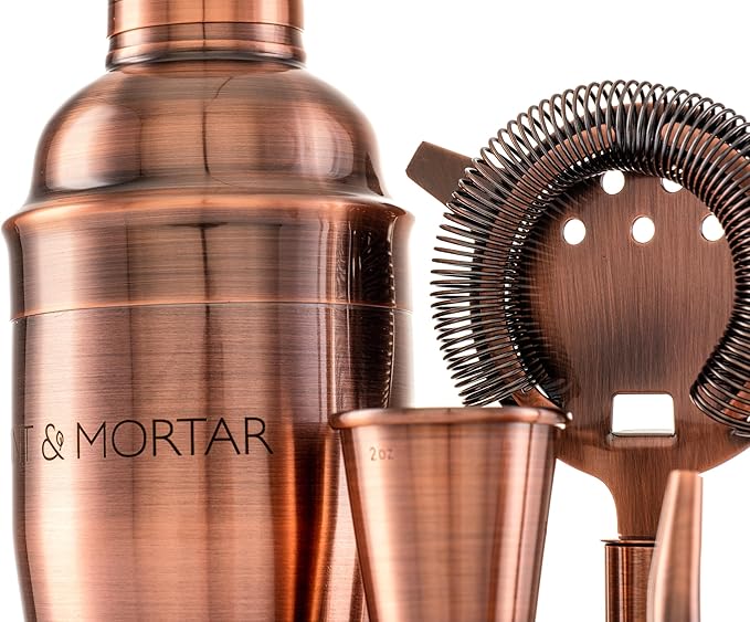 Mint & Mortar Cocktail Shaker Set – 7-Piece Stainless Steel Bartender Kit with Premium Bamboo Stand for Home Bartending - All-in-One Mixology Set for Beginners & Pros (Brushed Copper)
