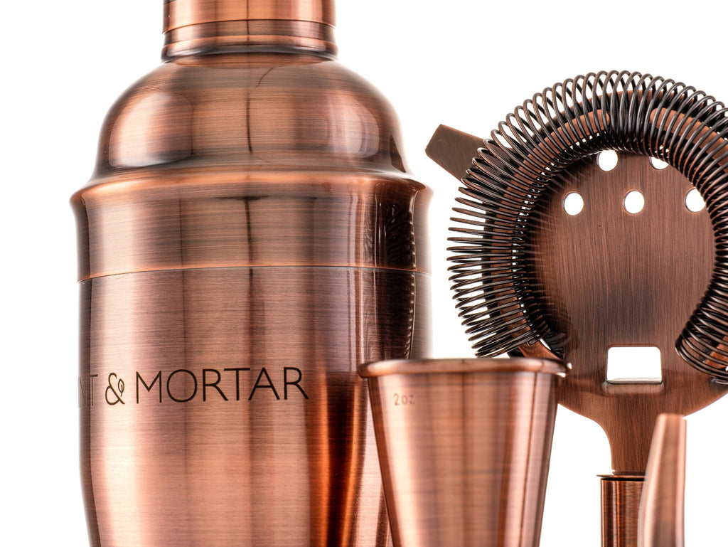 Mint & Mortar Cocktail Shaker Set – 7-Piece Stainless Steel Bartender Kit with Premium Bamboo Stand for Home Bartending - All-in-One Mixology Set for Beginners & Pros (Brushed Copper)