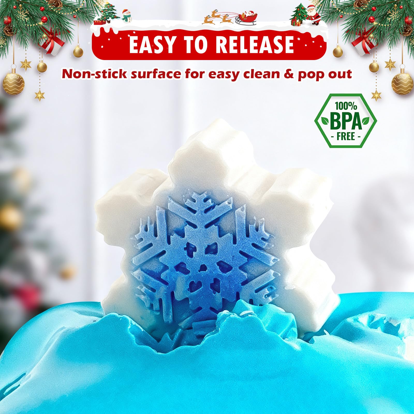 HKNMTT Snowflake Christmas Silicone Mold 12 Cavity 6 Shapes for Holiday Soap Chocolate Cocoa Bomb Ice Candy Oreo Covered Jello Xmas Winter Wax, Oven Safe Baking Frozen Moulds DIY Candle Craft Set