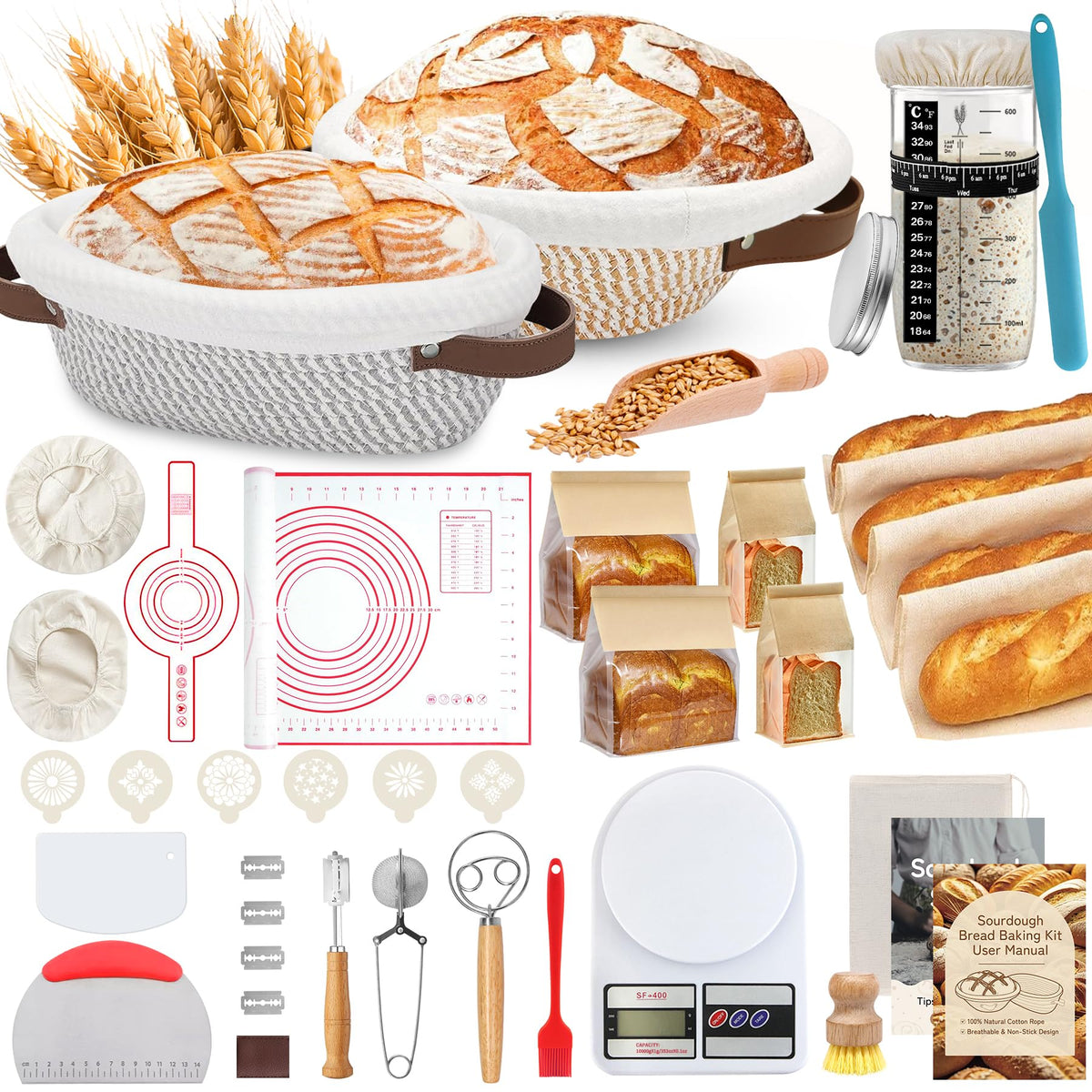 PeacePeo Sourdough Starter Kit 27Pcs with Round and Oval Banneton Basket