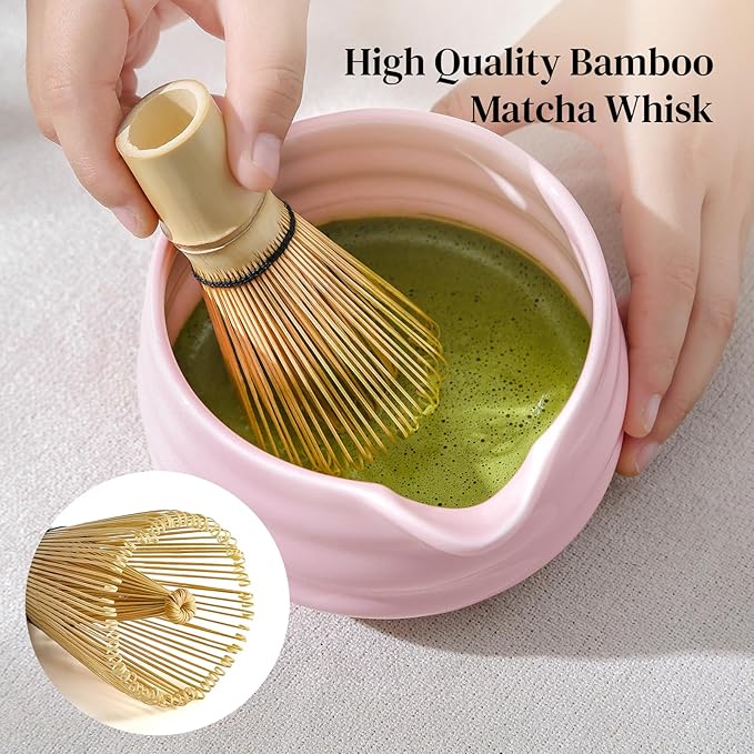 DOWAN Matcha Whisk Set, 7 Pcs Matcha Set Includes Bowl with Spout, Whisk and Holder, Bamboo Scoop and Holder, Sifter and Tea Towel - Matcha Kit Gift for Lovers Beginners (Pink)
