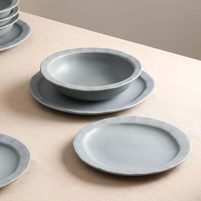 Stone Lain Oasis Stoneware Plate Dish Set, 4-Piece Dinner Plates - Ceramic Serving Dishes for 4 People - Microwave & Dishwasher Safe, Grey Blue