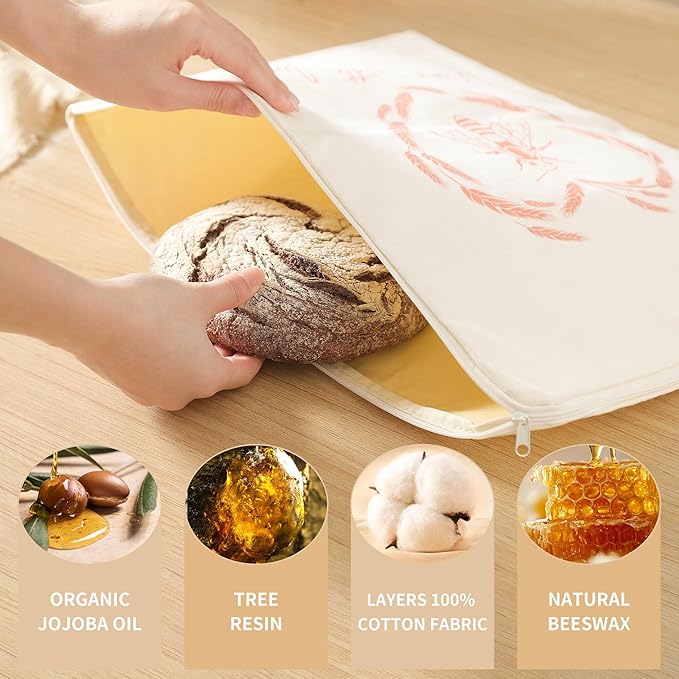 Premium Beeswax Bread Bags for Sourdough with Wide Zipper Access, 2 Pack XL(13x17in) Reusable Organic Beeswax-Coated Linen Cotton Bread Bags for Homemade Bread, Keeps Bread Fresh Naturally