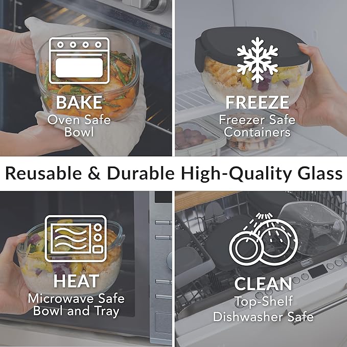Bentgo Glass Salad Container - 7.6-Cup Salad Bowl with Airtight Lid, Leak-Proof Sauce Container, 4-Compartment Bento Tray & Reusable Fork - BPA-Free for Meal Prep, Office & More (Black Onyx)