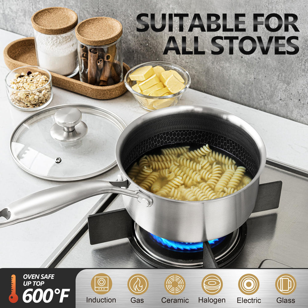 MICHELANGELO Triply Stainless Steel Pot Set, Hybrid Nonstick Saucepan Set with Lids, Induction Compatible Heavy Duty Sauce Pan 1QT & 2QT & 3QT, Honeycomb Interior, Dishwasher Safe Cookware - 6 Piece
