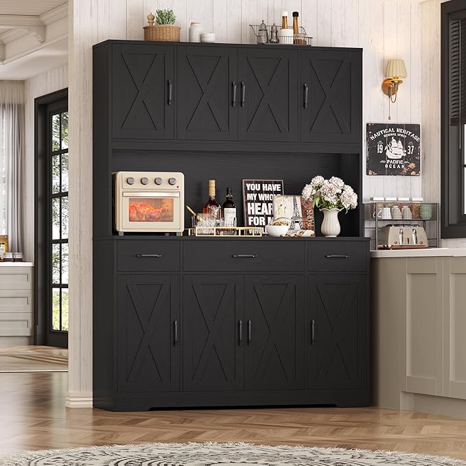 HOSTACK 71" H Kitchen Pantry Cabinet, 55" Kitchen Hutch, Black Wood Grain