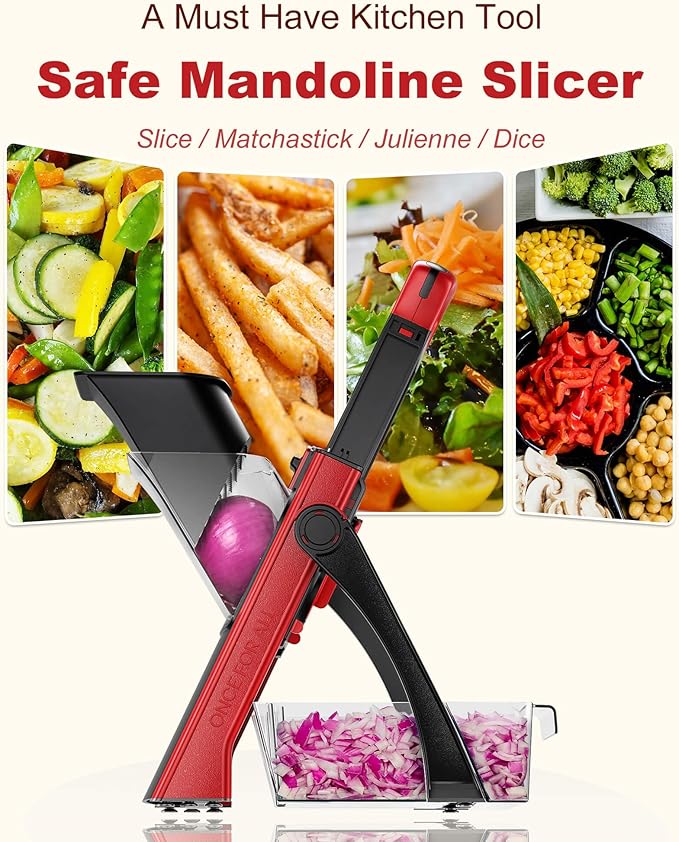 ONCE FOR ALL Safe Mandoline Slicer Plus with Peeler, Bigger Size, Red