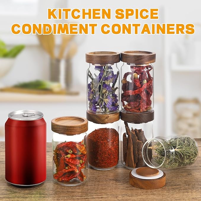 Patoper 6oz Small Glass Jars with Wood Lid Spice Jar Round Food Storage Canister Clear Glass Containers Jar for Ground Seasoning Pantry Sugar Tea Coffee Bean Spice Herb Cookies(6 * 200ml(6.76oz))