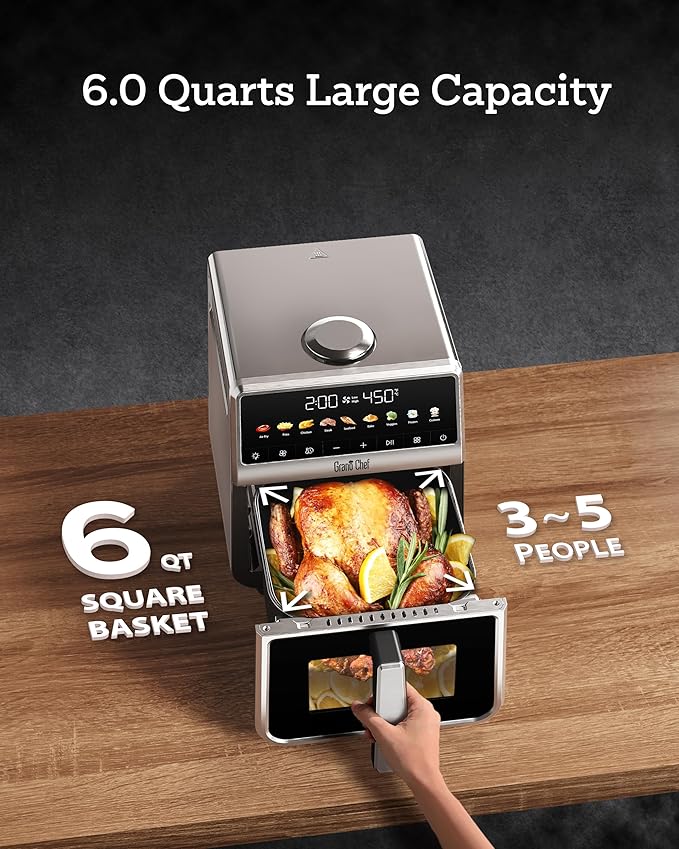 Grano Care Stainless Steel Air Fryer 6 Qt, Ceramic glaze Air Fryer, Stainless Steel Housing& Full Metal Inner Pot, PTFE and PFAS Free, 9 Digital One-Touch Cook Functions,120°F~450°F, 1700W