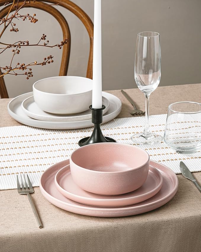 Famiware Milkyway 12-Piece Dinnerware Set, Matte Beige White & Light Pink