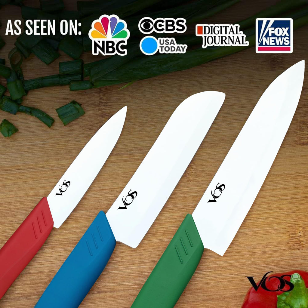 Vos Ceramic Knife Set in Elegant Gift Box, Ceramic Knives Set For Kitchen, Ultra Sharp Kitchen Knife Set with Covers, 4" 5" 6" Paring, Santoku & Chef Knife, Lightweight, Dishwasher safe (Multi-Color)
