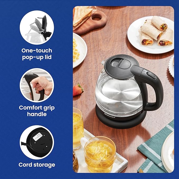 Elite Gourmet EKT1001B 1.0L Electric Glass Kettle, 1100W, Graphite Black