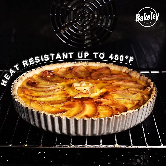 Bakeley 10-Inch Round Tart Pan with Loose Removable Bottom, Non-Stick Carbon Steel Quiche Pan for Oven Baking (Champagne Gold)