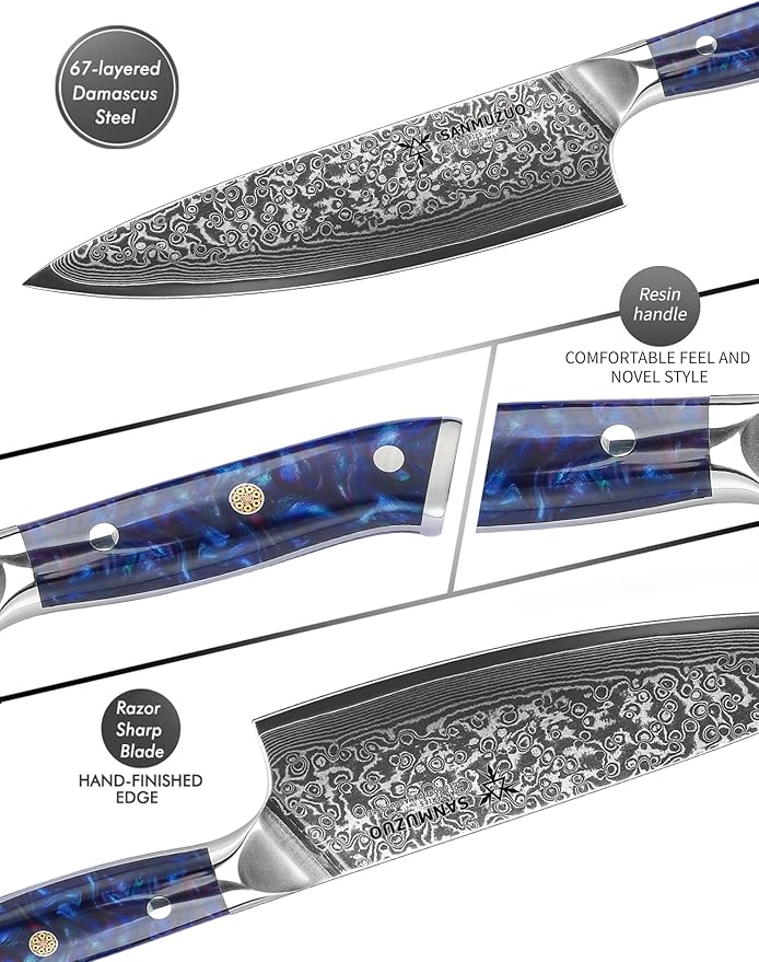 SANMUZUO Chef Knife - 8 inch - Xuan Series - VG10 Damascus Steel Kitchen Knife - Resin Handle (Sapphire Blue)