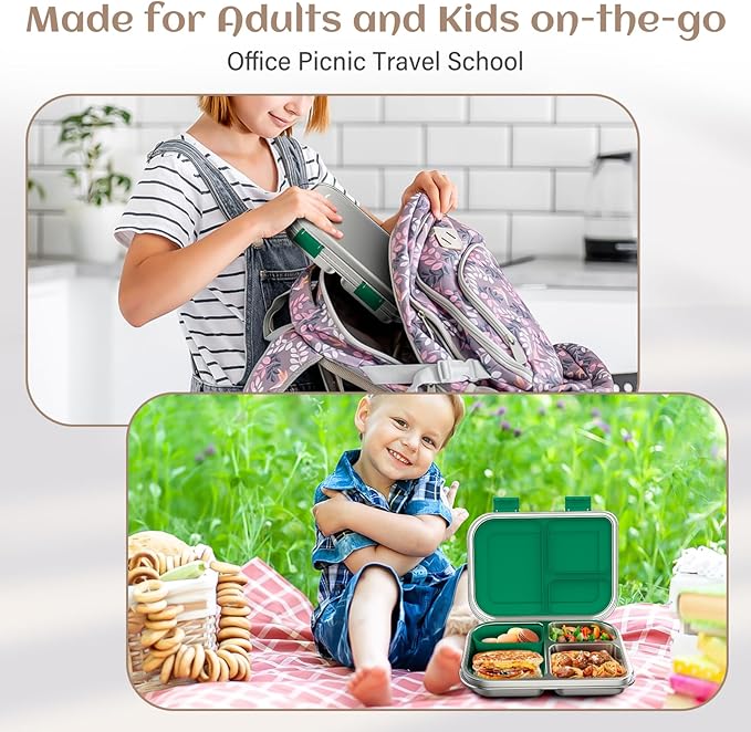 BABHAMNESS Stainless Steel Bento Box Kids, 3 Compartments Leak Proof Metal Bento Lunch Box, 304 Stainless Steel Bento Lunch Containers for School and Office,Dishwasher Safe, BPA-Free-Green