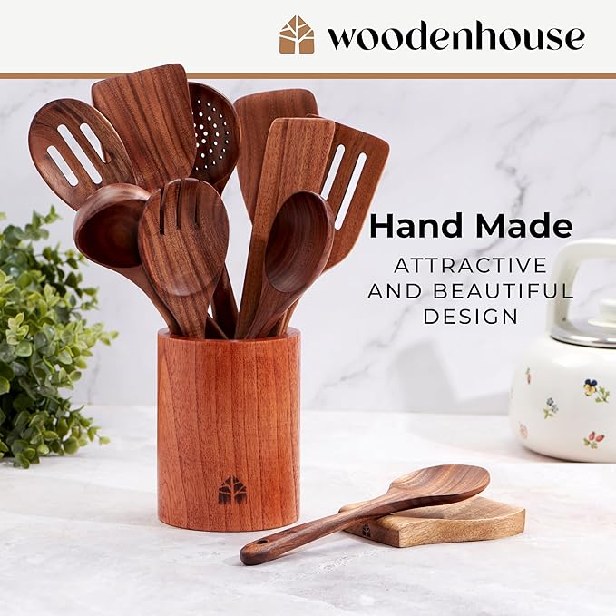 Wooden Spoons for Cooking, 12 Pcs Teak Utensil Set with Holder & Hooks
