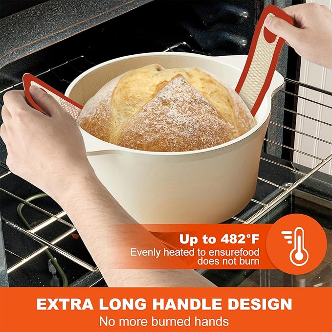 PLAPITATE Silicone Bread Sling Dutch Oven Liner, Non-Stick & Easy Clean Reusable Oval and Round Silicone Bread Baking Mat with Long Handles, Easy to Transfer Sourdough Bread - 2 Red Set