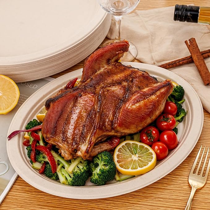 WELLIFE 100% Compostable Oval Paper Plates 12 Inch 125-Pack Large Plates