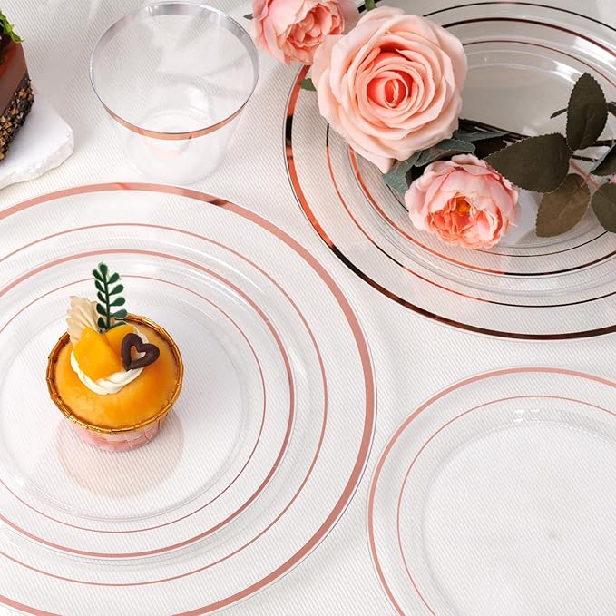bUCLA 600PCS Clear Rose Gold Plastic Dinnerware Set Disposable - Include 100 Dinner Plates, 100 Dessert Plates, 100 Knives, 100 Forks, 100 Spoons, 100 Cups for Party & Wedding