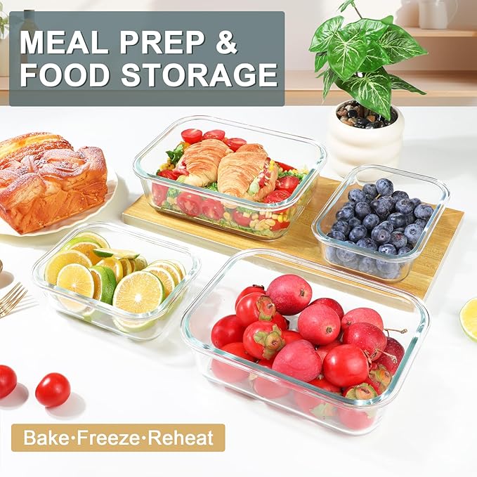 KOMUEE 4 Pack 52oz+22oz Large Glass Food Storage Containers Set with Lids