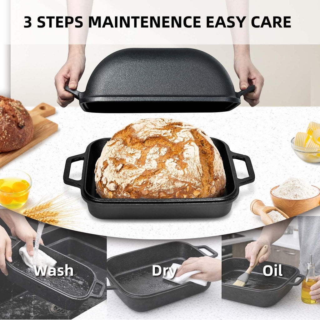 Davivy 9QT Large Cast Iron Bread Loaf Pan with Lid, Dutch Oven for Sourdough Bread Baking, Non-stick Cast Iron Sourdough Baking Pan with Lid, 12.3" x 9.2", Matte Black