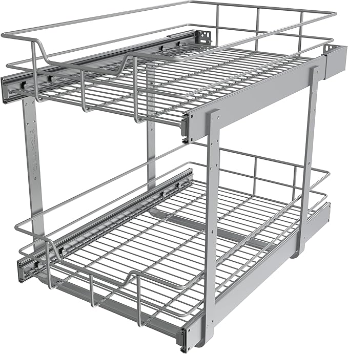 2 Tier Pull Out Cabinet Organizer 15" W X 22" D, Chromed, Full Slide Out
