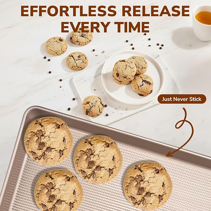Sakerplus Nonstick Baking Sheet Pan Set of 3, Heavy Duty Cookie Sheets for Oven, 0.6mm Thick Quarter Size & Half Size & Jelly Roll Pan, Rustproof & Easy Clean with Textured Surface(Champagne Gold)