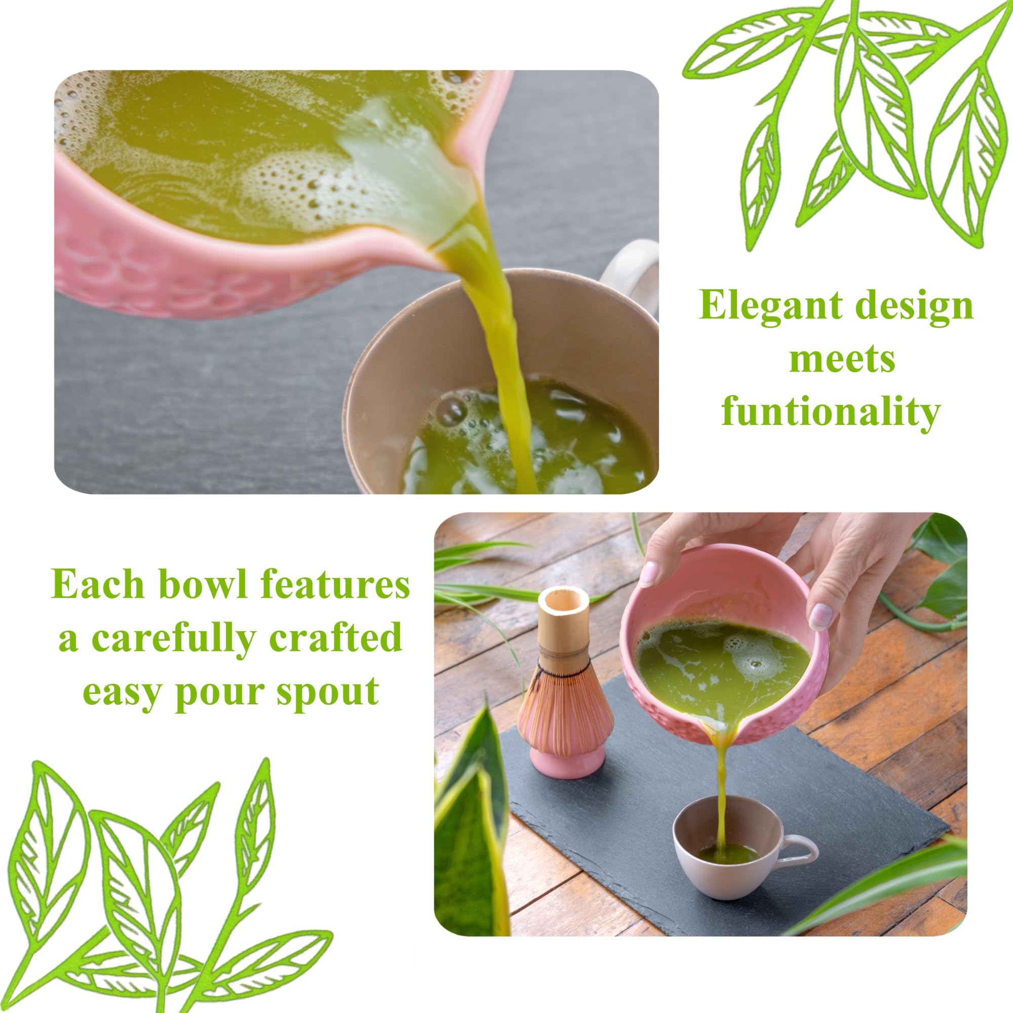 Marce Matcha Whisk Set- Matcha Set includes Matcha Whisk and Bowl with Spout, Sifter, Holder and Scoop- The Perfect Bamboo Whisk for Matcha Tea (Pink Flowers)