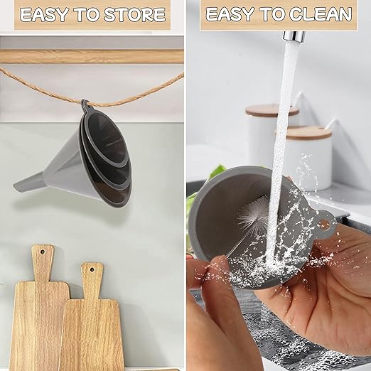 Plastic Kitchen Funnel Set of 3 with Clean Brush, BPA Free Round Food Funnels for Kitchen Use, Multifunctional Funnels for Filling Canning&Bottles, Suitable for Cooking, Lab and Automotive Use