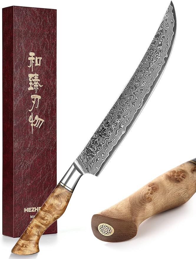 HEZHEN 10-Inch Slicing Knife with Granton Edge –67 Layers Damascus Steel, Professional Carving Knife for Brisket, Roast & BBQ, Figured Sycamore Handle