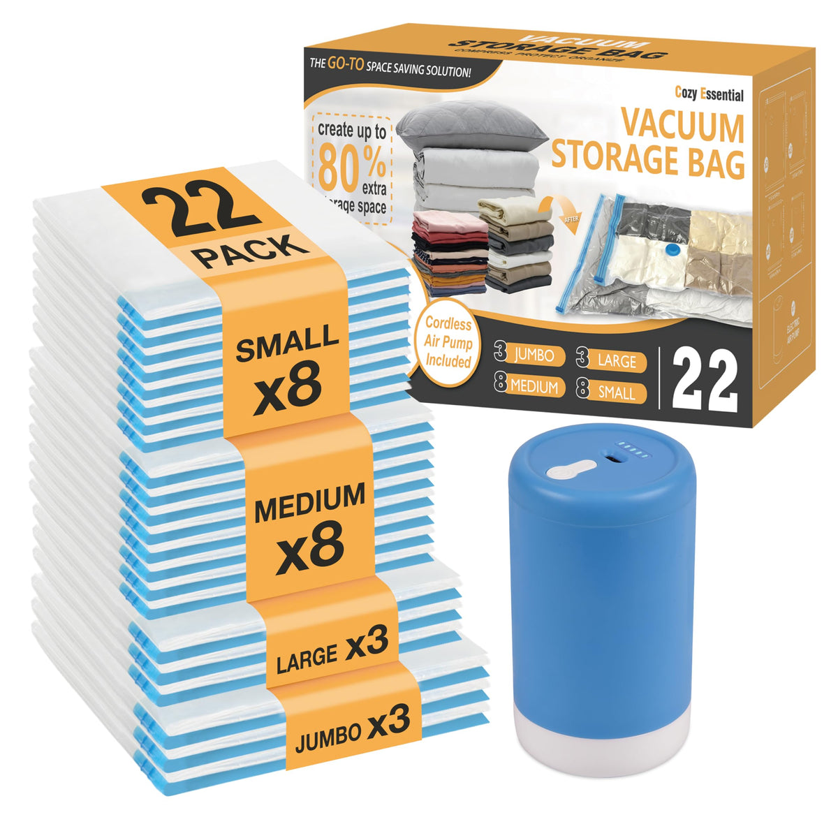 Travel Vacuum Storage Bags with Rechargeable Cordless USB Pump, 30 Combo