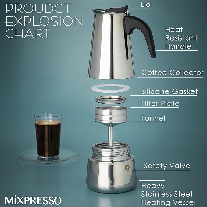 Mixpresso 9 Cup Greca Moka Pot, Stainless Steel Stovetop Espresso Maker
