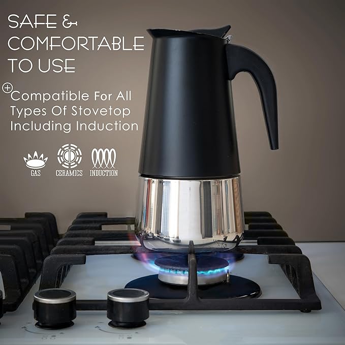 Mixpresso 6 Cup Greca Moka Pot, Stainless Steel Stovetop Espresso Maker