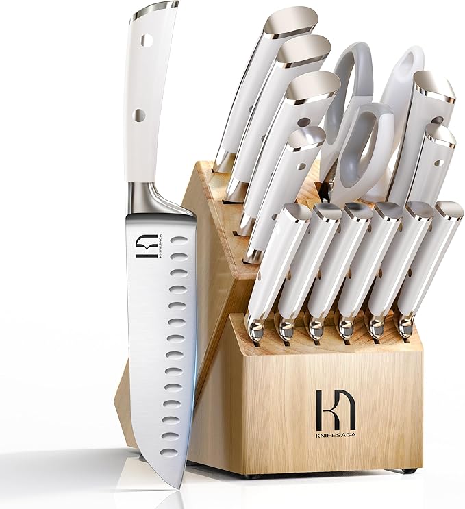 KnifeSaga Japanese 15-pc Kitchen Knife Block Set, Professional, Razor Sharp