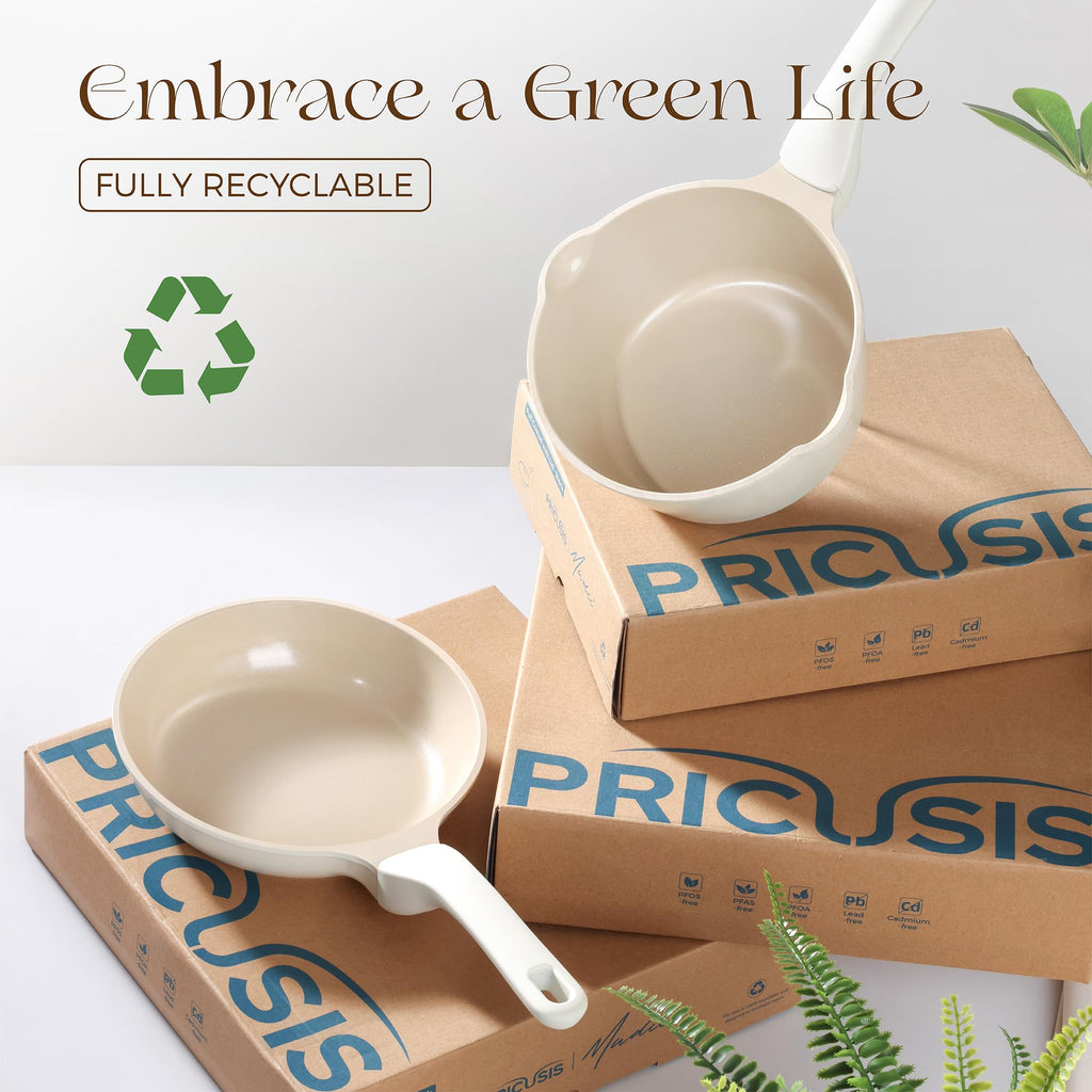 PRICUSIS Ceramic Nonstick Saucepan with Lid, 2.7 Quart Non Toxic Pot with Pour Spouts, Full Coated, 100% Dishwasher Safe, Induction Compatible, PTFE PFAS & PFOA Free, Coconut White
