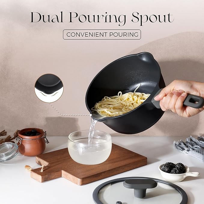 PRICUSIS Nonstick Saucepan with Lid, 2.7 Quart Non Toxic Pot with Pour Spouts, Full Coated, 100% Dishwasher Safe, Induction Compatible, PFOS & PFOA Free, Black Sesame