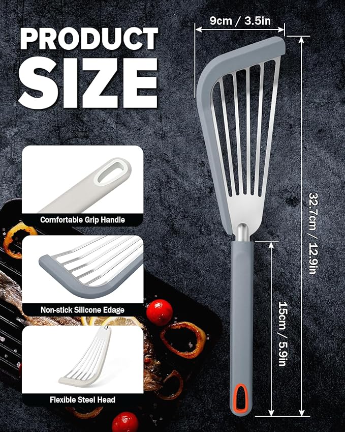 Fish Spatula Turner, Thin Slotted Spatulas for Nonstick Cookware,Silicone Edge Heat Resistant Kitchen Flipper for Fish, Egg, Pancake(Stainless Steel, 2Pack)
