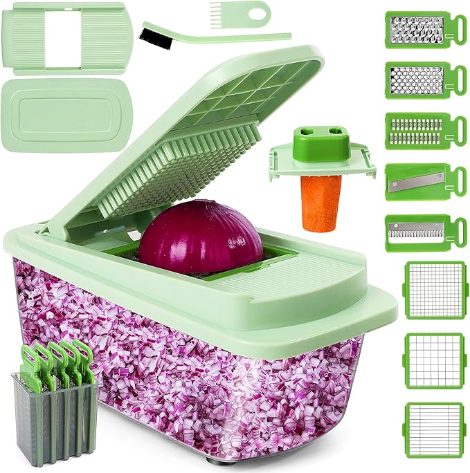Vegetable Chopper, 16-in-1 Mandoline Slicer Dicer Grater Spiralizer with Container, 8 Stainless Steel Blades for Onion Salad Salsa Meal Prep