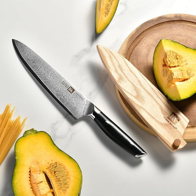 Klaus Meyer Luxor 8 Inch Chef Knife, Damascus Kitchen Knife, VG10 High Carbon Stainless Steel Japanese Chefs Knife