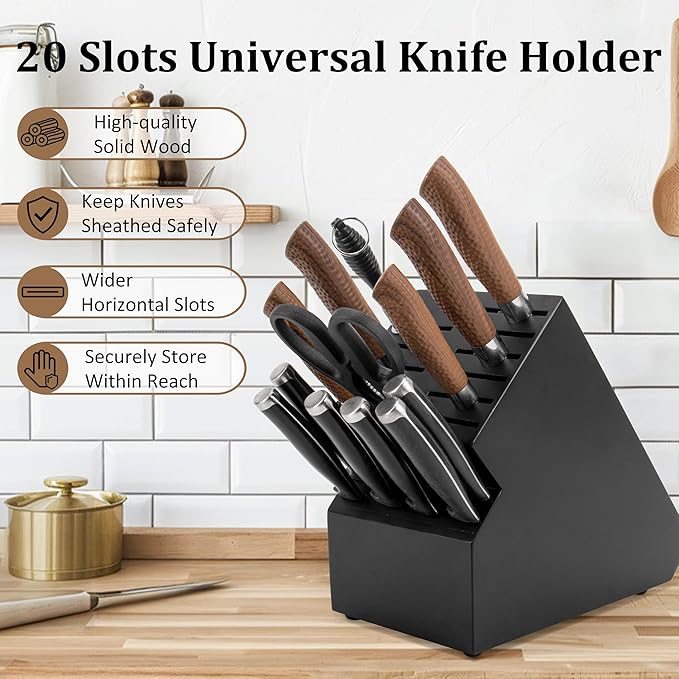 Knife Block for Kitchen Countertop - 20 Slot Universal Knife Holder with Acacia Wood, Large Knife Storage Organizer for Butcher Block, Knife Block Storage without Knives, Easy for Knife set