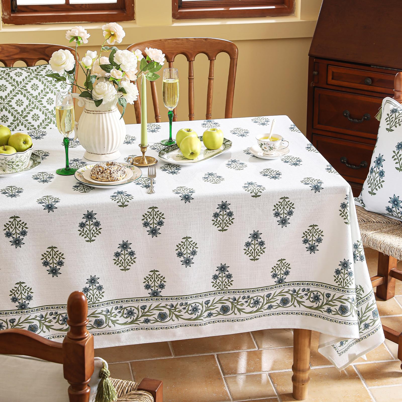 ISAENNE Designer French Linen Rectangular Tablecloth,110"x63"-Mosella F
