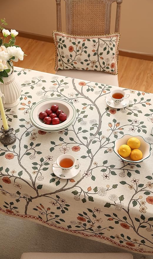 ISAENNE Vintage French Linen Rectangular Tablecloth,87"x55"-Flora A