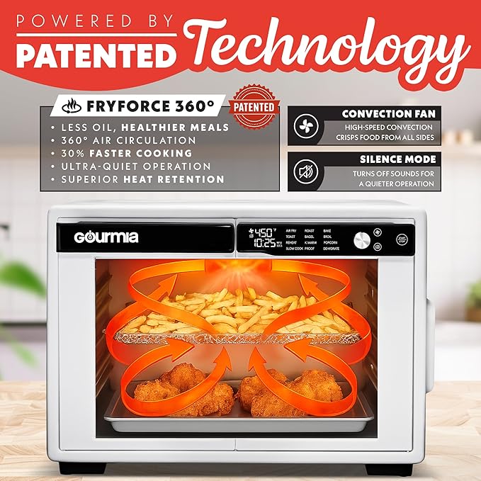 Gourmia French Door Air Fryer Oven - 37 Qt Large Capacity Convection Toaster Oven, FryForce 360°, Digital Display, 12 Cooking Presets, Dehydrate, Fits 13” Pizza, Dishwasher-Safe, White