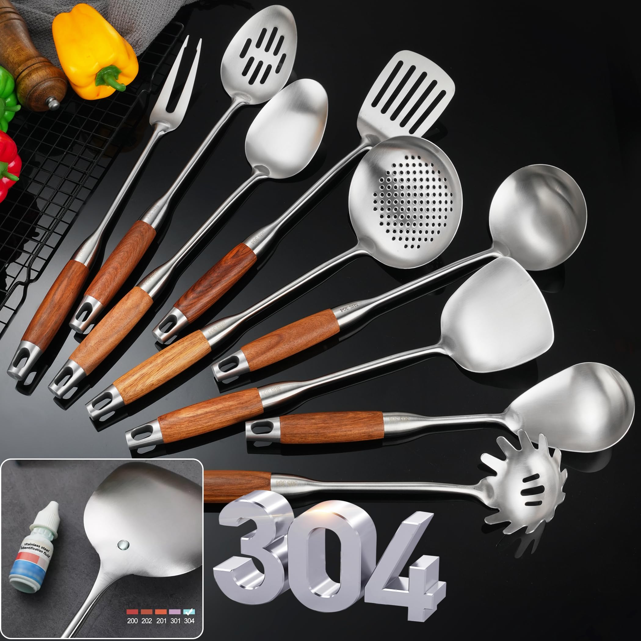 NIITAWH Stainless Steel Kitchen Utensils Set for Cooking Wooden Handle