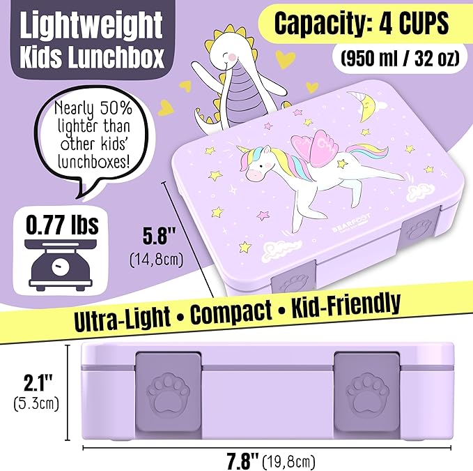 BEARFOOT Kids Lunch Box with Compartments – Compact & Lightweight | Leak-Proof, BPA-Free, Dishwasher Safe | Hand-Drawn Design for Preschool, School, Travel (Unicorn Purple, 4 Cups)